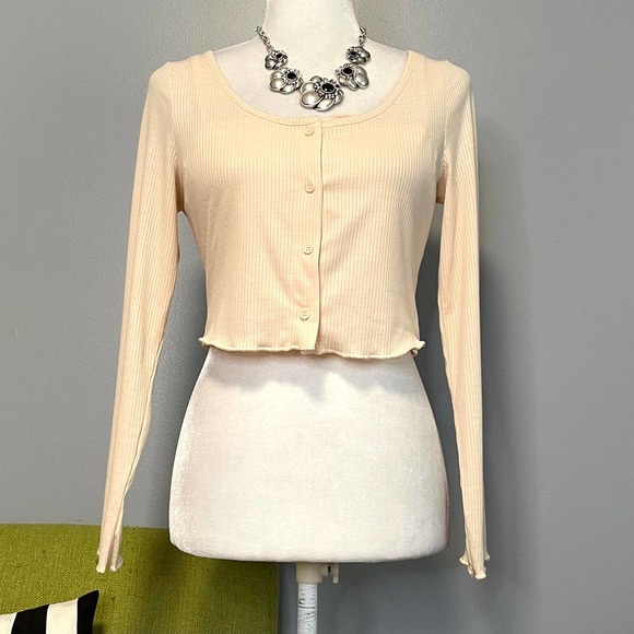 BP Cream Ribbed Crop Top Twin Set Tank & Long Sleeve Button Up NEW Small - Picture 2 of 6